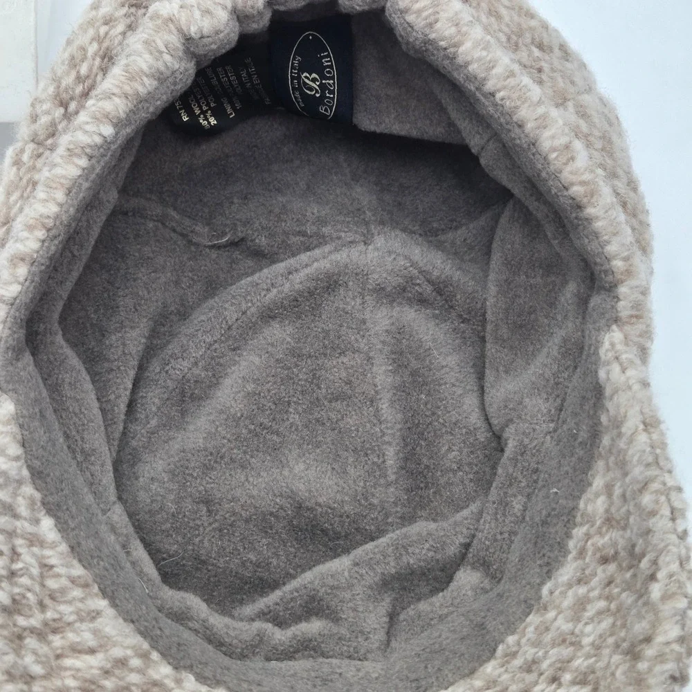 Bordoni Womens Newsboy Cap Beige Wool Blend Herringbone Made in Italy